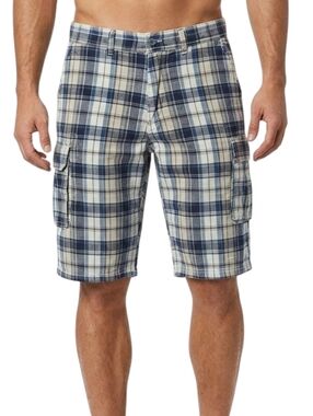 Rustic Blue Men's Plaid Cargo Shorts - Size 34 Blue/Beige Check